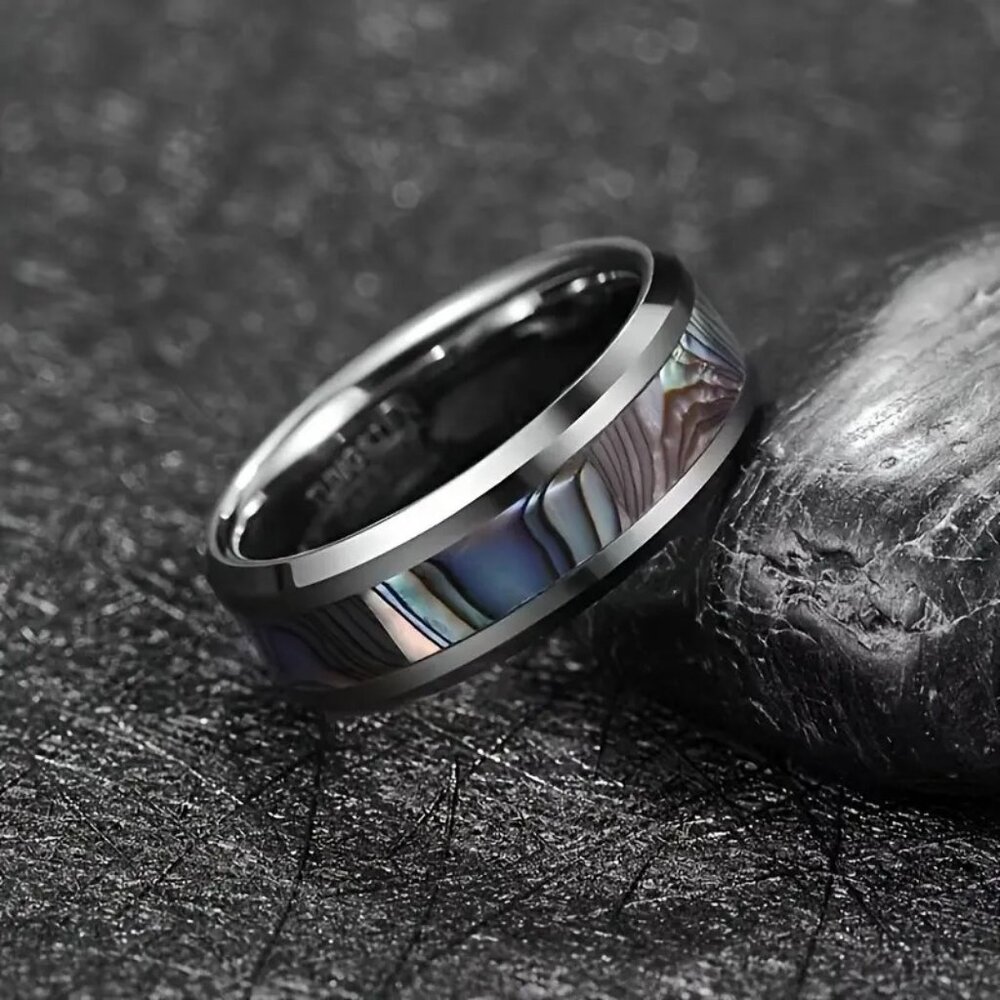 Tungsten Steel Carbide & Abalone Carbon Inlay Design statement Ring - Picture 4 of 7